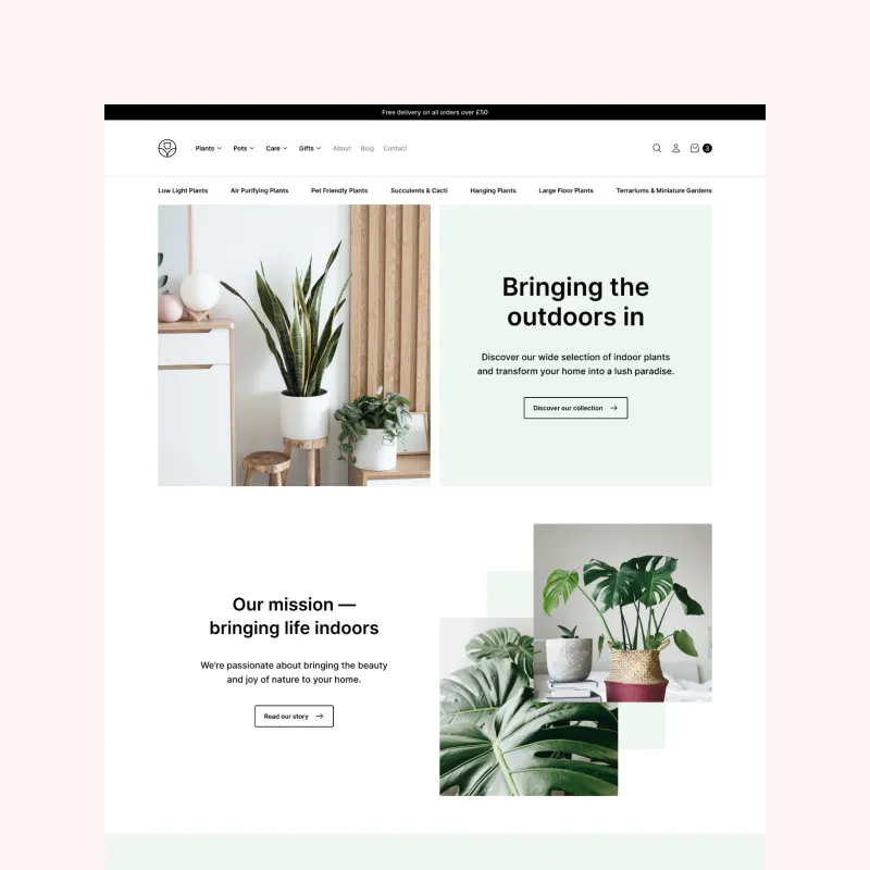 Website homepage for an indoor plant store, featuring a variety of potted plants.