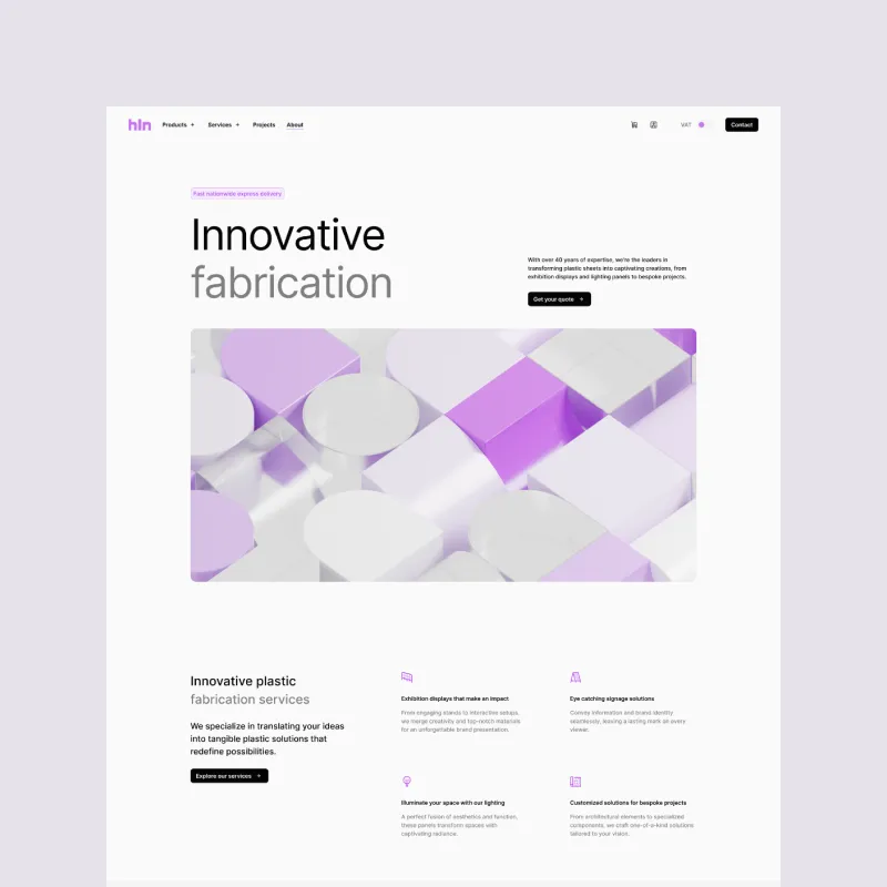 Website homepage showcasing innovative fabrication services with geometric shapes.