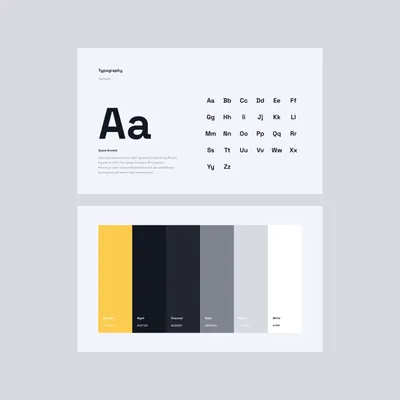 Typography and colour palette, showcasing different fonts and colours.