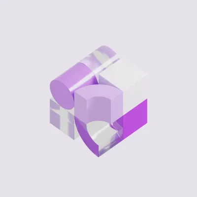 Abstract 3D composition of geometric shapes in purple, white, and translucent colours.