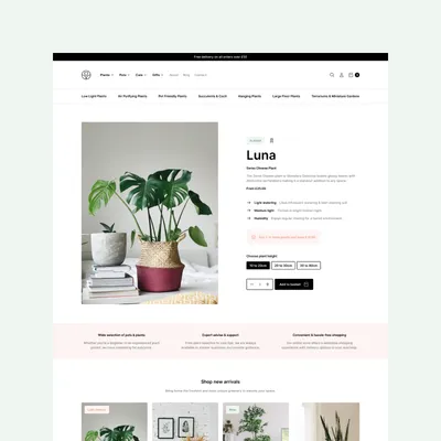 Product page for a plant, with detailed care instructions and purchasing options.